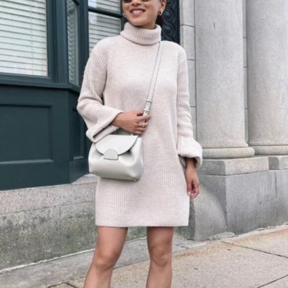 Steve Madden Abbie Sweater Dress Knit Turtleneck Long Sleeve Mini Oatmeal Small - Picture 2 of 11